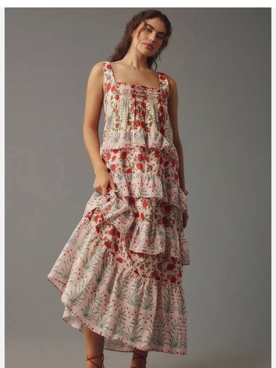 Anthropologie Dresses & Skirts - Anthropologie Pink Floral Tiered Sundress with Red Accents
